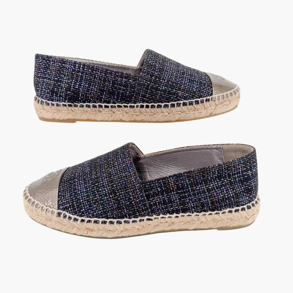 Chanel CC Cap Toe Espadrilles EU 39 US 8-8.5 Navy Metallic Tweed Slip On Flat - Picture 7 of 12